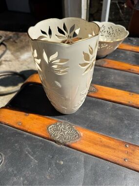 Lenox Cream Porcelain Pierced Floral Vase with Gold Trim